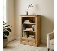 Bibliothèque SALSA étagère en bois style mexicain avec 2 tablettes et 1 tiroir, en pin massif finition teintée/cirée
