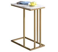 Bout de canapé CARLOTA en métal doré et plateau rectangulaire en MDF décor marbre blanc, table d'appoint table à café table basse Décor marbre blanc G