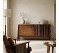 IDIMEX Buffet Adamo L 145 cm en Bois Massif Couleur Châtaignier avec 1 Porte Coulissante, 2 Tiroirs, Design Chaleureux à Lamelles, avec Étagère Réglable en Hauteur, Meuble Salon avec Rangement Varié