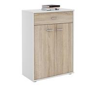 Buffet CALAIS, commode meuble de rangement avec 1 tiroir et 2 portes, en mélaminé blanc mat et décor chêne sonoma
