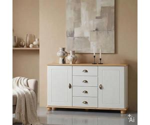 IDIMEX Buffet Colmar Commode bahut vaisselier Meuble Bas Rangement avec 4 tiroirs au Centre et 2 Portes battantes de Chaque côté, en pin Massif lasuré Blanc et Brun