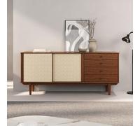 IDIMEX Buffet en Bois Simona L 175 cm Coloris châtaignier avec 4 Tiroirs 2 Portes Coulissantes, pour Salon ou Salle à Manger, Style Vintage Scandinave Années 50 avec Rotin Tressé, Rangement Pratique