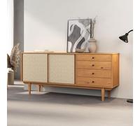 IDIMEX Buffet en Bois Simona L 175 cm Coloris chêne avec 4 Tiroirs 2 Portes Coulissantes, pour Salon ou Salle à Manger, Style Vintage Scandinave Années 50 avec Rotin Tressé, Rangement Pratique
