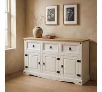 IDIMEX Buffet Salle à Manger Campo en Bois Massif L 125 cm avec 3 Portes battantes et 3 tiroirs spacieux, Style Mexicain, Meuble de Rangement, Structure Robuste et Finition élégante, Blanc et Brun