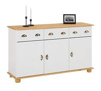 IDIMEX Buffet Salle à Manger Colmar en Bois L 134 cm Blanc et Brun avec 3 Portes battantes et 3 tiroirs spacieux, poignées Coquille, Meuble de Rangement, Structure Robuste et Finition élégante