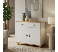 Buffet salle à manger COLMAR en bois massif L 94 cm avec 2 portes battantes et 2 tiroirs spacieux, blanc et brun