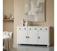 IDIMEX Buffet Salle à Manger Colmar L 134 cm en Bois Massif Blanc 3 tiroirs 3 Portes avec 2 étagères, Meuble Rangement avec poignées coquilles en métal bahut vaisselier Commode 134 x 80 x 39 cm