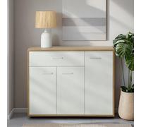 Idimex – Buffet CORALINE L 88 cm – Bois massif blanc/chêne Sonoma, 1 tiroir 3 portes
