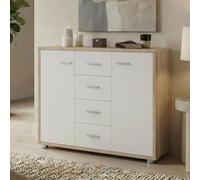 IDIMEX Buffet Salle à Manger Elodie L 89 cm Coloris chêne Sonoma et Blanc avec 4 tiroirs et 2 Portes, bahut Bas, Meuble de Rangement Style Moderne, 89 x 70 x 30 cm