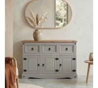 Buffet salle à manger RAMON L 125 cm en bois massif lasuré gris et brun, meuble de rangement 3 tiroirs et 3 portes
