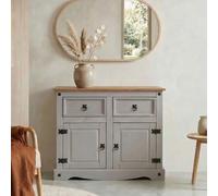 IDIMEX Buffet Salle à Manger Ramon L 87 cm en Bois Massif Gris et Brun, Meuble de Rangement Adulte 2 tiroirs et 2 Portes avec poignées en métal, Commode bahut Style Mexicain Maison de Campagne