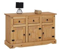 Buffet SALSA commode bahut vaisselier en bois style mexicain avec 3 portes et 3 tiroirs, en pin massif finition teintée/cirée