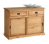 Buffet SAVONA bahut vaisselier commode avec 2 tiroirs et 2 portes coulissantes, en pin massif lasuré brun