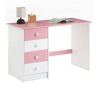 Bureau ARNE pour enfant ou adulte multi rangements, avec 4 tiroirs, en pin massif lasuré blanc et rose