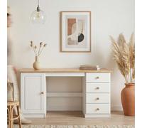Bureau MANAGER L 145 cm en bois massif, coloris blanc et chêne, espace de rangement avec 4 tiroirs et 1 porte battante