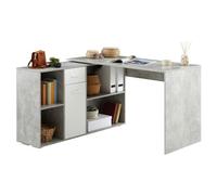 Bureau d'angle CARMEN avec meuble de rangement intégré 4 étagères 1 porte et 1 tiroir, décor béton et blanc mat