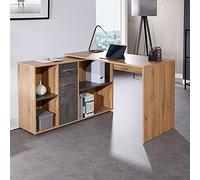 IDIMEX Bureau d'angle Carmen Table avec Meuble de Rangement intégre avec 4 étagères 1 Porte et 1 tiroir, décor chêne Sauvage et béton foncé