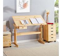 IDIMEX Bureau Enfant écolier Junior Flexi Table à Dessin réglable en Hauteur et pupitre inclinable avec 1 tiroir, Bureau évolutif en pin Massif Vernis Naturel