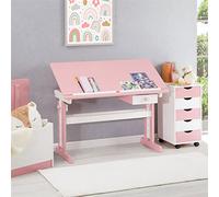 Bureau enfant FLEXI, en pin massif, réglable en hauteur et plateau inclinable, lasuré blanc et rose