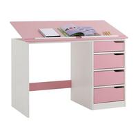 IDIMEX Bureau Enfant Emma Bureau avec Rangement 4 tiroirs et Plateau inclinable, Style scandinave, en pin Massif lasuré Blanc et Rose