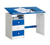 IDIMEX Bureau Enfant Kevin Bureau avec Rangement 3 tiroirs et 1 casier, Style Classique, en pin Massif lasuré Blanc et Bleu