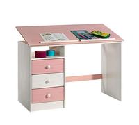 IDIMEX Bureau Enfant Kevin Bureau avec Rangement 3 tiroirs et 1 casier, Style Classique, en pin Massif lasuré Blanc et Rose