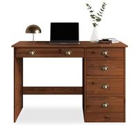 Bureau LANA avec rangement 5 tiroirs et poignées en forme de coquille, en pin massif coloris brun foncé