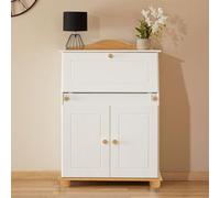 Bureau secrétaire DAVID avec abattant rangement plusieurs étagères 2 portes plan de travail rabattable, en pin massif blanc et brun