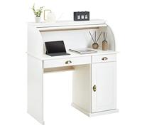Idimex Bureau secrétaire TOM volet roulant 2 tiroirs 1 porte étagère pin massif lasuré blanc