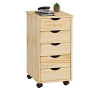Caisson de bureau LAGOS meuble de rangement sur roulettes avec 5 tiroirs, en pin massif finition vernis naturel