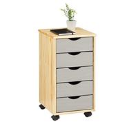 Caisson de bureau LAGOS meuble de rangement sur roulettes avec 5 tiroirs, en pin massif finition vernis naturel et lasuré gris