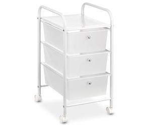 IDIMEX Caisson sur roulettes GINA Chariot avec 3 tiroirs en Plastique Blanc Transparent et 1 étagère, Meuble de Rangement pour Salle de Bain en métal laqué Blanc
