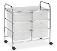 Caisson sur roulettes GINA chariot avec 6 tiroirs en plastique blanc transparent et 1 étagère, rangement salle de bain