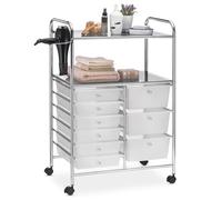 IDIMEX Caisson sur roulettes Marita Chariot avec 9 tiroirs en Plastique Blanc Transparent et 2 étagères avec Anneau Porte sèche Cheveux, Meuble de Rangement pour Salle de Bain en métal chromé