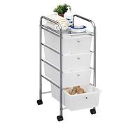 Caisson sur roulettes SANO chariot avec 4 tiroirs en plastique blanc transparent et 1 étagère, rangement salle de bain métal chromé