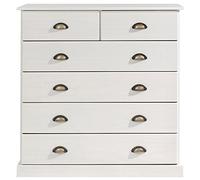 Idimex Commode PARIS L 91 cm en bois massif – lasuré blanc, 6 tiroirs, poignées coquille en métal