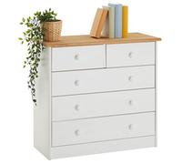 Commode de chambre RONDO meuble de rangement avec 5 tiroirs, en pin massif lasuré blanc et brun