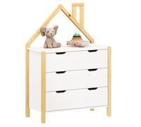 Commode Enfant ELANO en Bois Massif coloris naturel et blanc avec 3 Tiroirs de Rangement, 84 x 120 x 41 cm