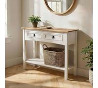 IDIMEX Console Campo Meuble Style Mexicain, Table Console Fabriquée en Pin Massif, 2 Tiroirs, 1 Étagère, Poignées en Métal, Console Finition lasurée Blanche
