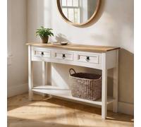 IDIMEX Console Campo Meuble Style Mexicain, Table Console Fabriquée en Pin Massif, 3 Tiroirs, 1 Étagère, Poignées en Métal, Console Finition lasurée Blanche