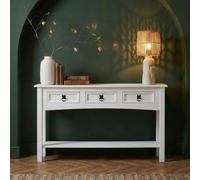IDIMEX Console Rural Meuble Style Mexicain avec 3 Tiroirs et 1 Étagère, Table Console Blanche Fabriquée en Pin Massif, Poignées en Métal, Finition Lasurée Blanche