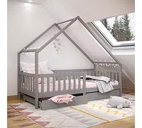 IDIMEX Lit cabane Alva lit Enfant Simple asymétrique en Bois 90 x 200 cm Montessori, avec Rangement 2 tiroirs, en pin Massif lasuré Gris