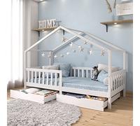 Lit cabane ELEA lit enfant simple montessori 90 x 200 cm, avec 2 tiroirs de rangement, en pin massif lasuré blanc