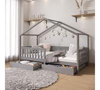 IDIMEX Lit cabane ELEA lit Enfant Simple Montessori 90 x 200 cm, avec 2 tiroirs de Rangement, en pin Massif lasuré Gris
