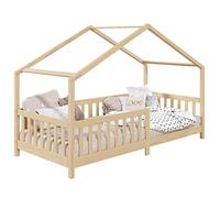Lit cabane enfant 90x190 cm LISAN lit Simple montessori avec Barrières de Protection en Bois Massif finition naturelle