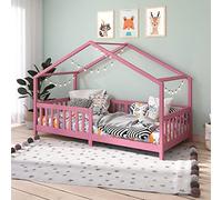 IDIMEX Lit cabane Enfant 90x190 cm LISAN lit Simple Montessori avec Barrières de Protection en Pin Massif lasuré Rose