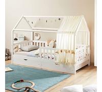 Lit cabane NUNA lit enfant simple montessori en bois 90 x 200 cm, avec rangement 2 tiroirs, en pin massif lasuré blanc