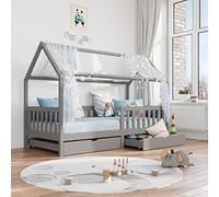 Lit cabane NUNA lit enfant simple montessori en bois 90 x 200 cm, avec rangement 2 tiroirs, en pin massif lasuré gris