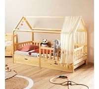 IDIMEX Lit cabane NUNA lit Enfant Simple Montessori en Bois 90 x 200 cm, avec Rangement 2 tiroirs, en pin Massif à la Finition Naturelle