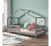 Lit cabane RENA lit simple montessori pour enfant 90 x 190 cm, avec barrières de protection, en pin massif lasuré gris